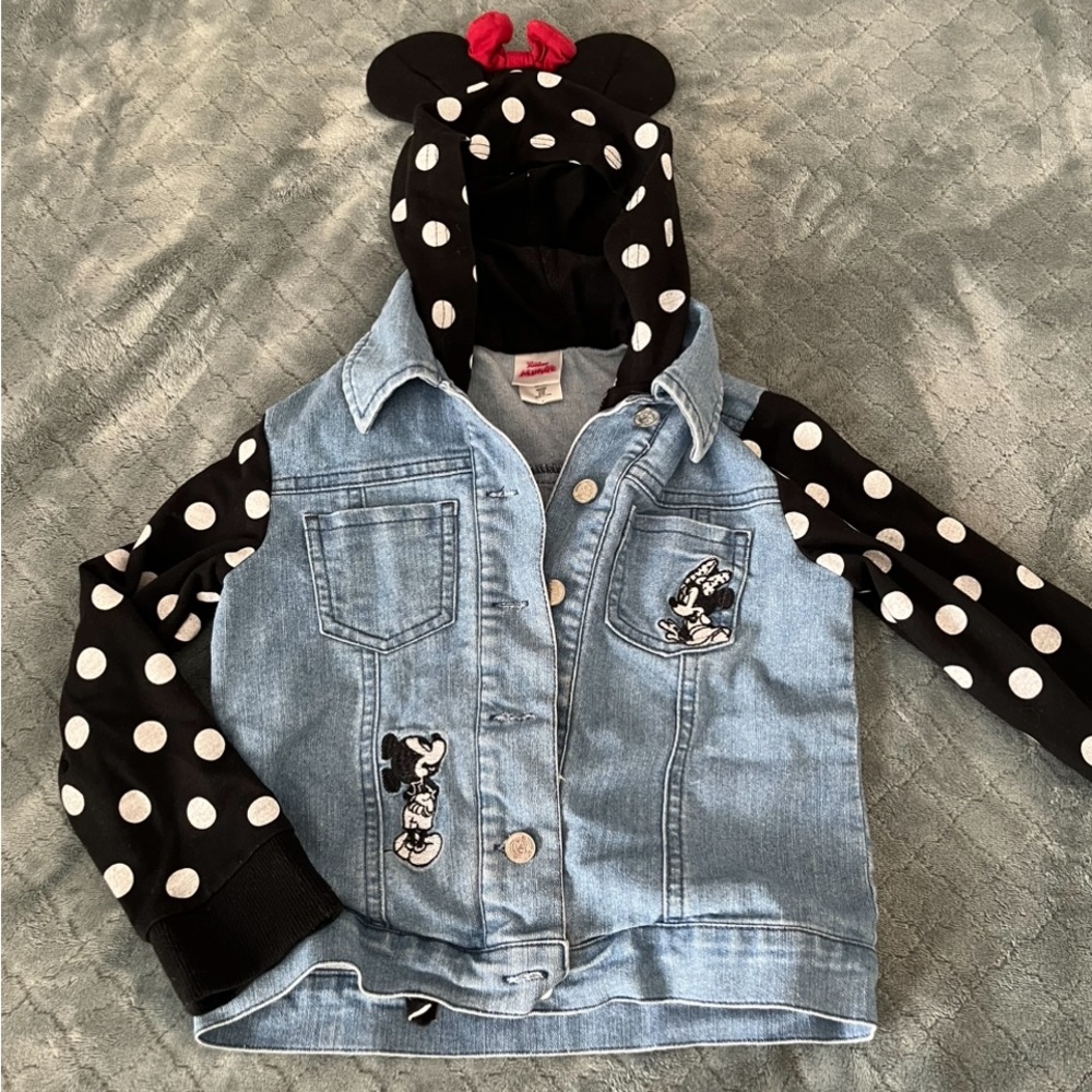 Minnie mouse jean jacket hoodie with mickey ears bow and polka dot‎